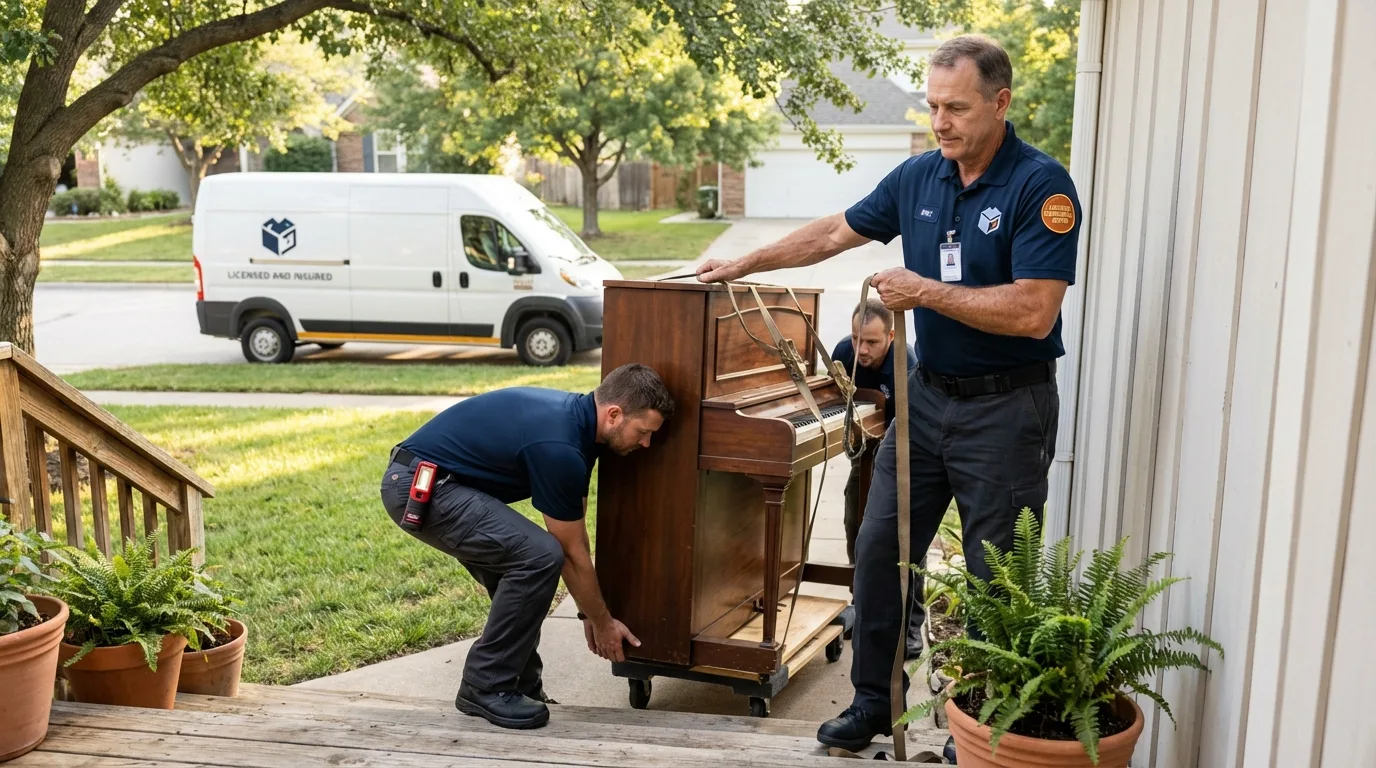 Licensed piano movers securing grand piano in Coram, NY