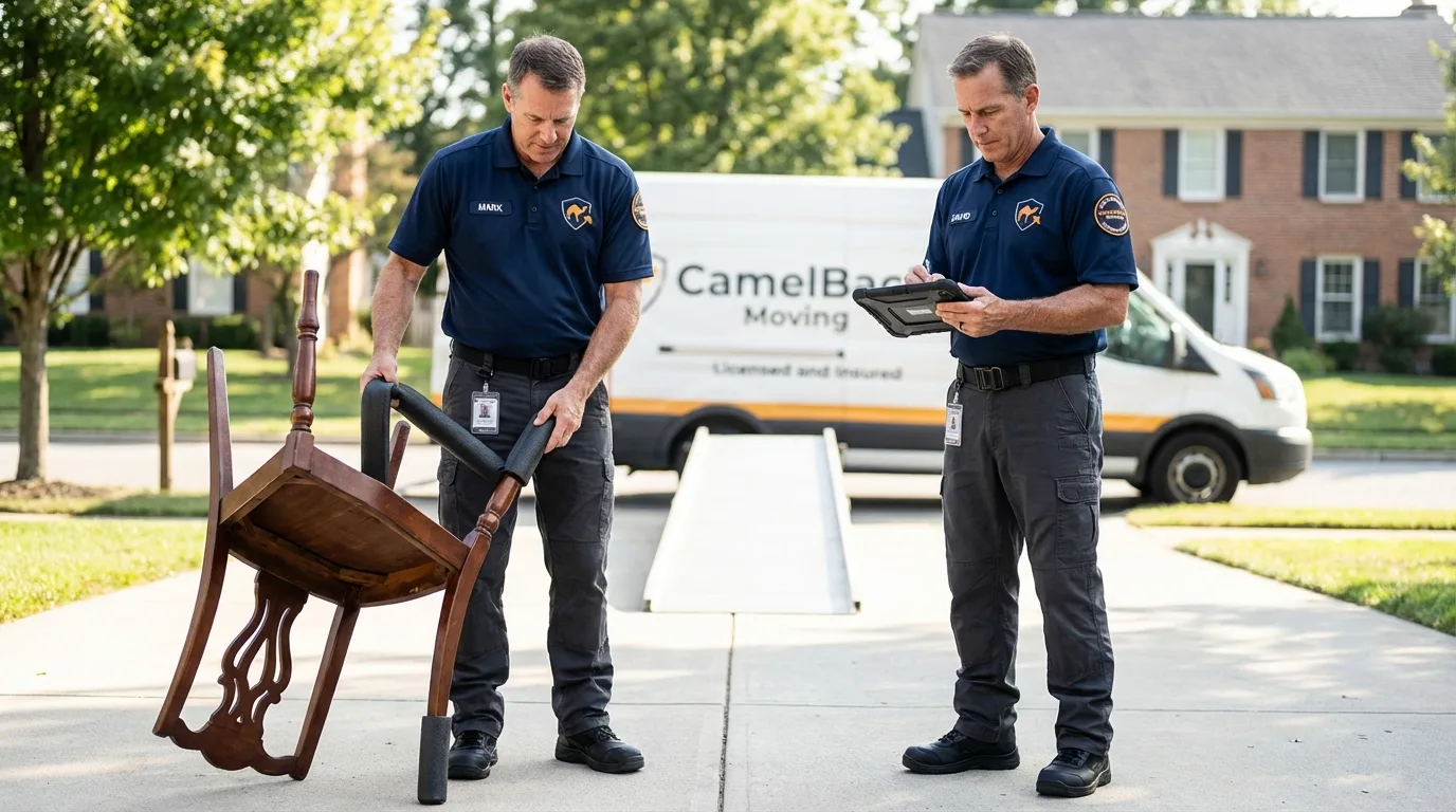 Movers inspecting furniture for damage prevention before loading in Coram, NY