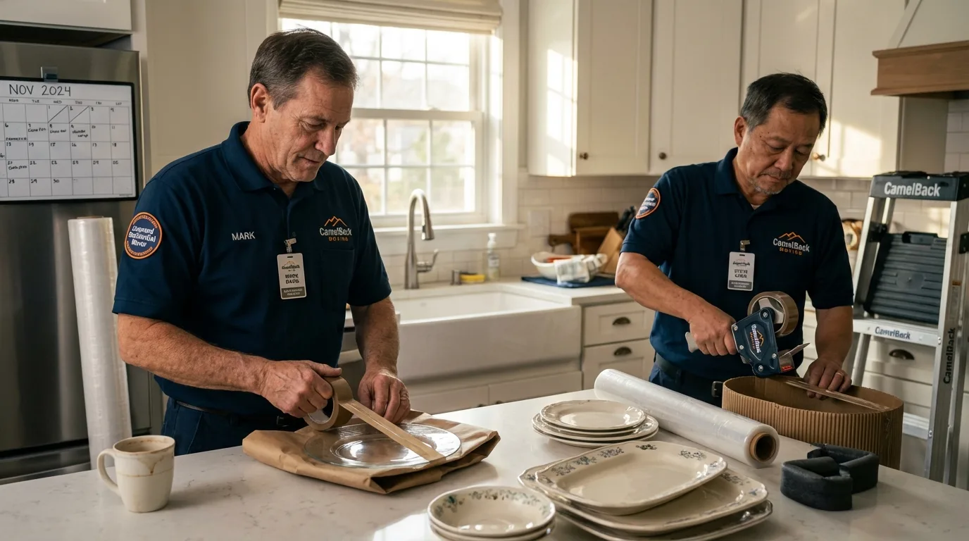 Professional crew packing kitchen dishware in Coram, NY